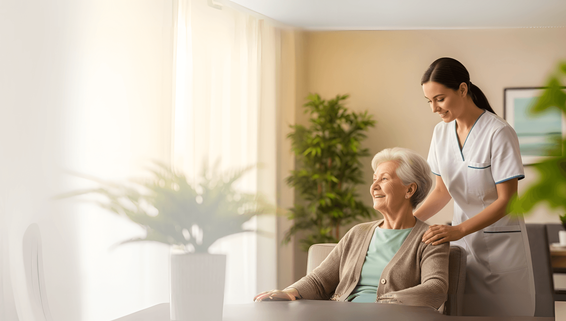 A compassionate caregiver holding hands with an elderly client.